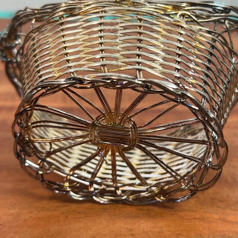 Vintage Miniature Woven Wire Basket Mixed Metal Silver Gold Tone Trinket Decor